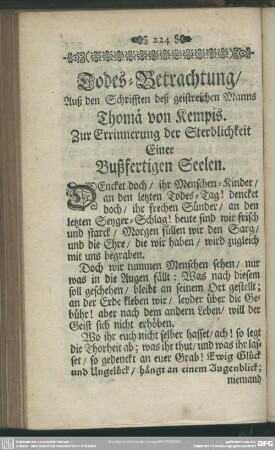Todes-Betrachtung, Auß den Schrifften deß geistreichen Manns Thomä von Kempis. Zue Erinnerung der Sterblichkeit Einer Bußfertigen Seelen