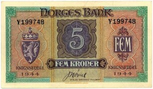 Geldschein, 5 Kroner, 1944