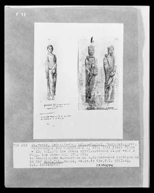Les monuments de la monarchie française. Sammelband der Zeichnungen und Probedrucke Montfaucons — Saint-Denis, Abteikirche, Gewändefigur des nördlichen Westportals (für Bd. I, Taf. XVI), Folio fol. 63