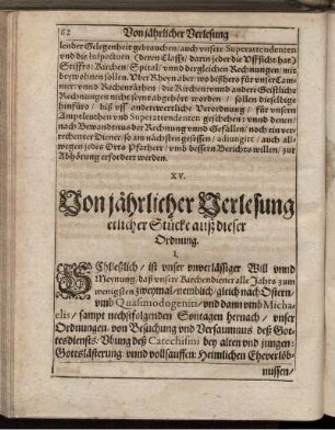 XV. Von jährlicher Verlesung etlicher Stücke auß dieser Ordnung