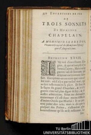 Entretiens De Feu De Trois Sonnets De Monsievr Chapelain. A Monsievr Le Breton, Vicaire General de Monsieur l'Evefque d'Angoulesme. Entretien XXXII.