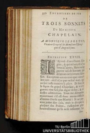 Entretiens De Feu De Trois Sonnets De Monsievr Chapelain. A Monsievr Le Breton, Vicaire General de Monsieur l'Evefque d'Angoulesme. Entretien XXXII.