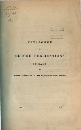 Catalogue of Record Publications on sale by Messrs : Trübner & Co., 60, Paternoster Row, London, 3