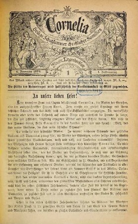 Cornelia : heilige Schatzkammer christlicher Familien ; illustr. Legendenblatt, 1. 1879