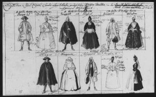 Kleidertrachten in der Stadt Liebenwerda : Kleidertrachten in der Stadt Liebenwerda. Zeichnung (vor 1743; J. A. Richter)