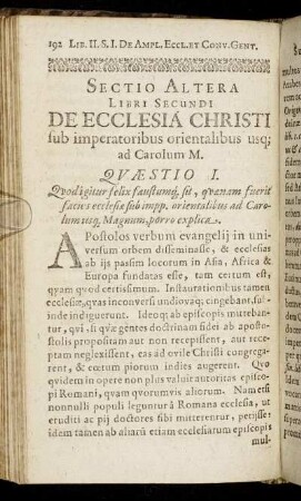 Sectio Altera [...] De Ecclesia Christi sub imperatoribus orientalibus usq[ue] ad Carolum M.