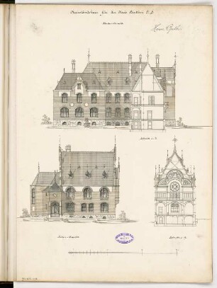 Landratsamt (Kreishaus), Beuthen Monatskonkurrenz Dezember 1896: Aufriss Seitenansicht, Querschnitt mit Hofansicht; Maßstabsleiste