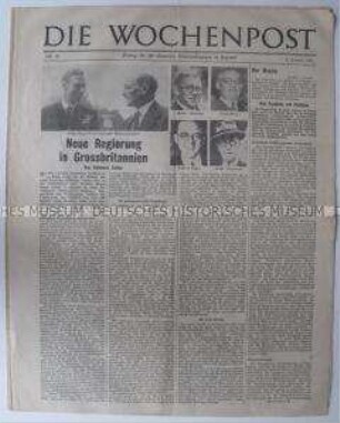 Lagerzeitung für deutsche Kriegsgefangene in England "Die Wochenpost" u.a. zur Regierungsbildung in Großbritannien