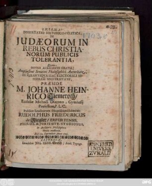 Dissertatio Historico-Politica, De Judæorum In Rebus Christianorum Publicis Tolerantia,