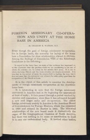 Foreign missionary co-operation and unity at the home base in America