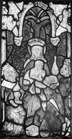 Glasfenster mit Anbetung des Christuskindes durch die Heiligen Drei Könige : Glasfenster mit Anbetung des Christuskindes durch die Heiligen Drei Könige. Glasmalerei (1386/1420). Judenburg, Ehemals Spitalkirche (Magdalenenkirche)