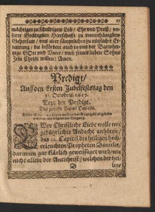 Predigt/ Auff den Ersten Jubelfeststag den 31. Octobris/ 1617.