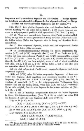 22. Congruente und symmetrische Segmente auf der Graden. - Stetige Systeme von beliebigen unveränderlichen Figuren (in dem allgemeinen Raum). - Stetige Systeme von unveränderlichen Segmenten auf der Graden.