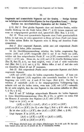 22. Congruente und symmetrische Segmente auf der Graden. - Stetige Systeme von beliebigen unveränderlichen Figuren (in dem allgemeinen Raum). - Stetige Systeme von unveränderlichen Segmenten auf der Graden.