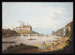 Ansicht von Meißen über die Elbe, Umrißradierung, 1830 : Hammer, Christian Gottlob : Blick auf Meissen von der östlichen Elbseite / [C. G. Hammer?]. - [S.l.] , [um 1830]. - 1 Kunstblatt : altcolor. Umrißradierung ; 47 x 35 cm