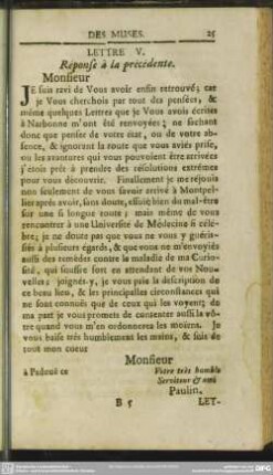 Lettre V. Response a la precedente