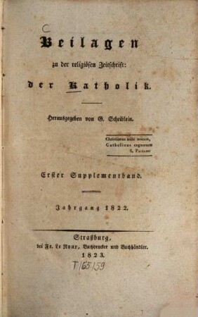 Der Katholik. Supplementband. 1 = Jg. 1822 (1823)