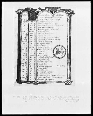 Missale, Ms. 114, folio 6, Kalenderseite Juli mit Tierkreiszeichen Löwe