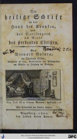 Die heilige Schrift in der Hand des Kranken, und des Seelsorgers am Bette des sterbenden Christen