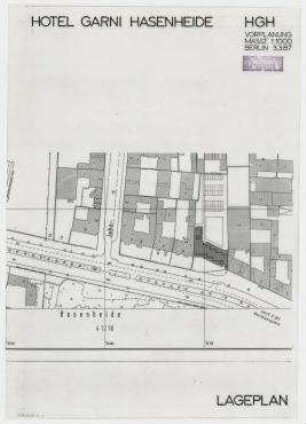 Hotel Garni Hasenheide, ehemals Kliems Festsäle (nicht realisiert) – Lageplan. Berlin-Neukölln, Hasenheide 14-15