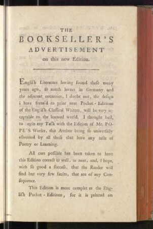 The Bookseller's Advertisement of this new Edition