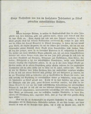 Einige Nachrichten von den im funfzehnten Jahrhundert zu Lübeck gedruckten niedersächsischen Büchern.