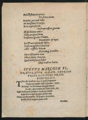 Suevus Marchiae Fl. Gratulatur Iohan. Georgio Princ. Electori Brandeburgico.