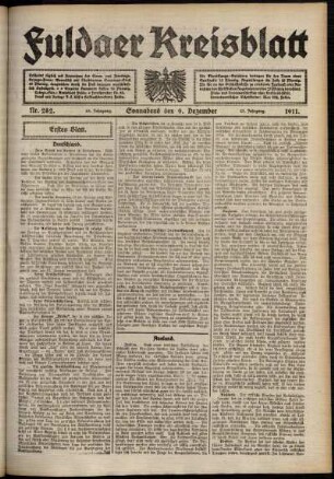 Erste Ausgabe vom Samstag, den 09. Dezember 1911.