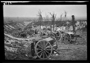 Nicht identifizierbare Gegend bei Cléry (=Cléry-sur-Somme) oder Brie (beide Dep. Somme, Frankreich): "erbeutete Geschütze" in einer Senke neben Baumstümpfen (Nahaufnahme)
