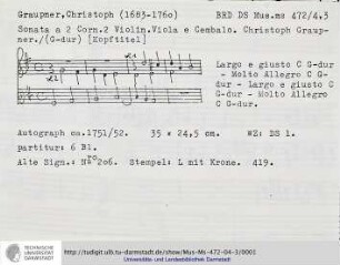Sonata a 2 Corn. 2 Violin. Viola e Cembalo.