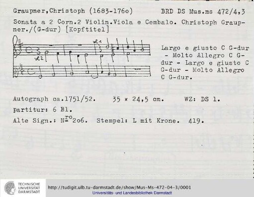 Sonata a 2 Corn. 2 Violin. Viola e Cembalo.