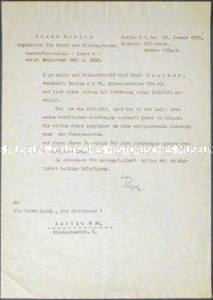 Briefwechsel zwischen der Deputation für Kunst und Bildungswesen der Stadt Berlin und der Künstlervereinigung "Die Abstrakten" betreffend den Maler Paul Haacker, mit Kuvert - Sachkonvolut