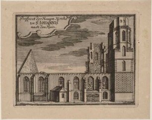 Die Ruine der Johanniskirche in Zittau in der Oberlausitz nach dem Bombardement durch österreichische Truppen gegen die preußische Besatzung am 23. Juli 1757 während des Siebenjährigen Krieges, aus Montalegres Sechs Stadt Zittau