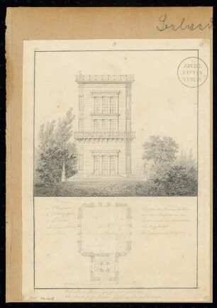 Belvedere Monatskonkurrenz März 1830: Grundriss Erdgeschoss, Aufriss Vorderansicht; Maßstabsleiste