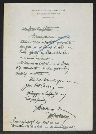 Brief von Edward Gordon Craig an Gerhart Hauptmann