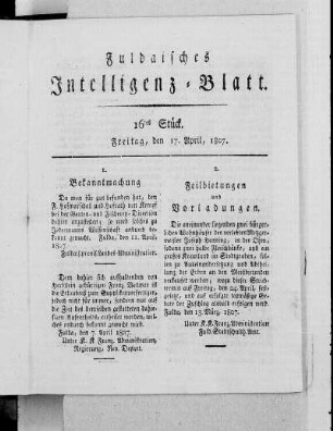16tes Stück, Ausgabe vom 17. April, 1807