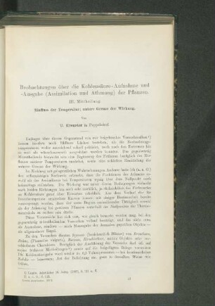 Beobachtungen über die Kohlensäure-Aufnahme und -Ausgabe (Assimilation und Athmung) der Pflanzen