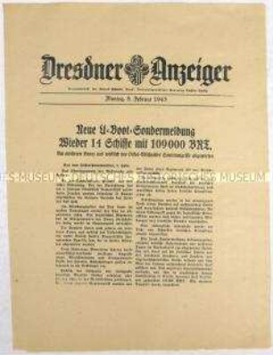 Nachrichtenblatt "Dresdner Anzeiger" mit Meldungen des Oberkommandos der Wehrmacht u.a. zum Unterseebootkrieg