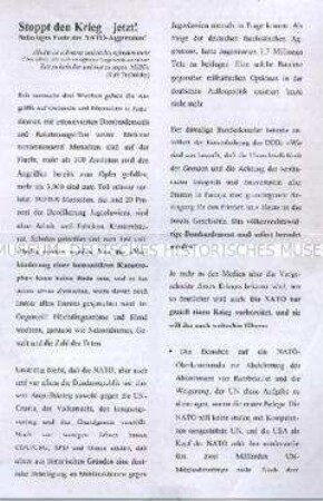 Flugblatt gegen den NATO-Angriff auf Jugoslawien mit Aufruf zu Demonstrationen