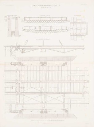 Homberg-Ruhrorter Rhein-Trajektanstalt, Duisburg: Ansichten, Schnitte, Details Plattform (aus: Atlas zur Zeitschrift für Bauwesen, hrsg. v. G. Erbkam, Jg. 7, 1857)