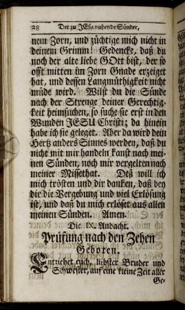 Die IX. Andacht. Prüfung nach den Zehen Geboten. - Die XI. Andacht. Bereuung der Sünden.