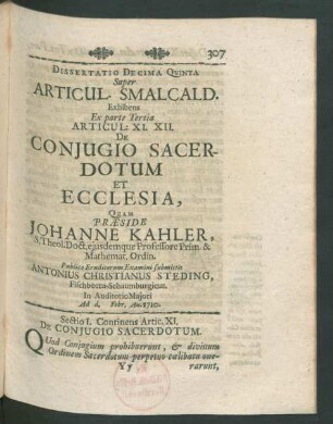 Dissertatio Decima Quinta... Articul. XI XII. De Conjugio Sacerdotum Et Ecclesia, ...