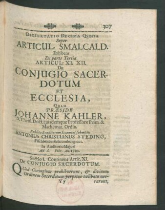 Dissertatio Decima Quinta... Articul. XI XII. De Conjugio Sacerdotum Et Ecclesia, ...