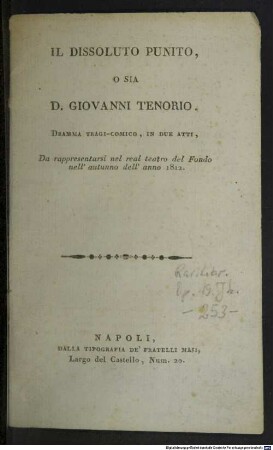 Il dissoluto punito, o sia D. Giovanni Tenorio