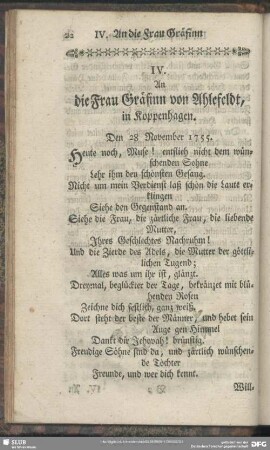IV. An die Frau Gräfinn von Ahlefeldt, in Koppenhagen