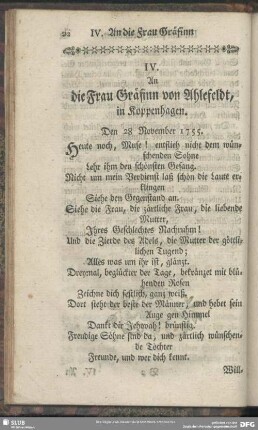 IV. An die Frau Gräfinn von Ahlefeldt, in Koppenhagen