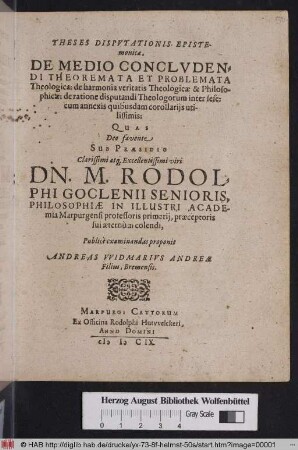 Theses Disputationis Epistemonicae, De Medio Concludendi Theorema Et Problemata Theologica: de harmonioa veritatis Theologicae & Philosophicae: de ratione disputandi Theologorum inter seserum annexis quibusdam corollariis utilissimis