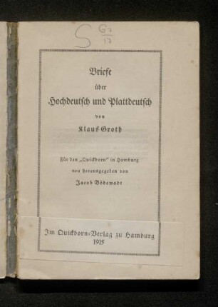 Briefe über Hochdeutsch und Plattdeutsch