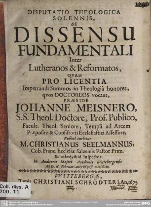 Disputatio de dissensu fundamentali inter Lutheranos et Reformatos