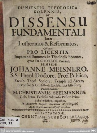 Disputatio de dissensu fundamentali inter Lutheranos et Reformatos